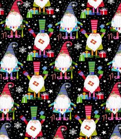 christmas gnomes on black background with stars and snowflakes in the background is an image of santa claus