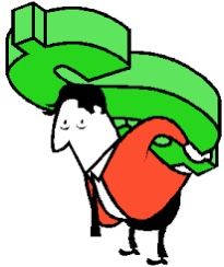 a man carrying a green dollar sign on his back