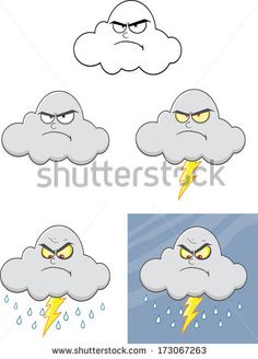 an angry cloud with eyes and lightning in the sky, set of four different expressions