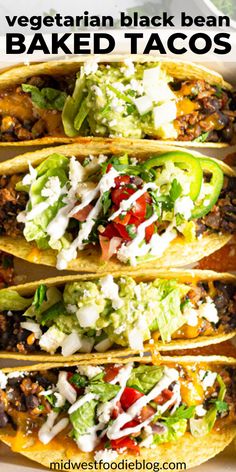 three vegetarian black bean baked tacos with lettuce and tomatoes