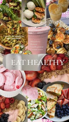 the cover of eat healthy magazine with pictures of food and drinks on it's side