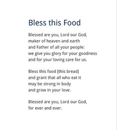 a poem written in blue and white with the words,'blessing this food '