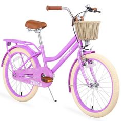 a purple bike with a basket on the front and back wheel, is shown against a white background