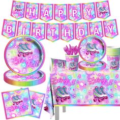 a birthday party set up with pink and blue decorations, plates, napkins and cups