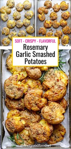 rosemary garlic - mashed potatoes in trays with text overlay that reads soft crispy and flavorful rosemary garlic - mashed potatoes