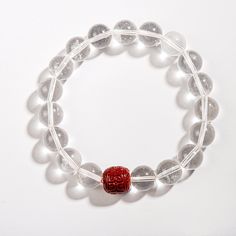 Clear Quartz & Cinnabar Bracelet - BTSAN PO Elegant Clear Bracelets As Gift, Elegant Clear Bracelet Perfect For Gifts, Elegant Clear Bracelet As Gift, Formal White Jewelry With 8mm Beads, Elegant Transparent Bracelet For Gift, Elegant Clear Bangle Jewelry, White Round Crystal Bracelet Gift, Classic White Jewelry With Si Clarity, Elegant White Bracelets With 8mm Beads