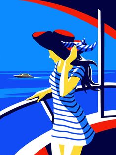 a woman is looking out the window at the ocean and boats on the water in this retro style poster