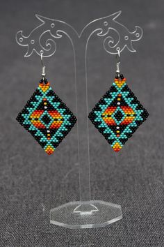 Beaded Earrings Geometric Aztec Earrings Tribal Earrings image 2 Native American Beadwork Earrings, Huichol Jewelry, Aztec Earrings, Beaded Pouch, Seed Bead Jewelry Patterns, Ribbon Skirt, Crochet Dreamcatcher