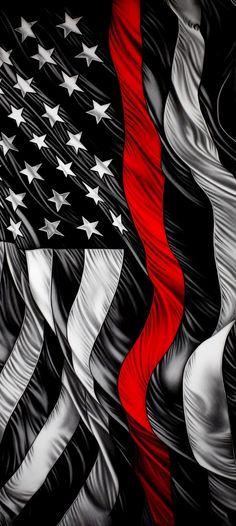 an american flag is shown in black and white with red stripes on the bottom half