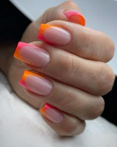 Orange Ombre French Tip Nails, Orange Pink French Tip Nails, French Pink And Orange Nails, Pink And Orange French Tip, Sunset French Tip Nails, Orange Pink French Nails, Pink And Orange French Tip Nails Short, Orange And Pink French Tip Nails, Orange And Pink Ombre Nails