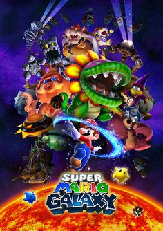 the super mario bros movie poster is shown in front of an orange planet with many other characters