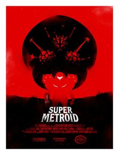 a red poster with the words super metroid on it's face and hands