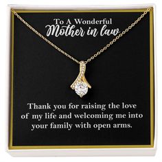 To A Wonderful Mother-In-Law Necklace Gift Mother's Day Wedding Necklace With Gift Box, Gold Necklace With Gift Box For Anniversary, Elegant Jewelry With Gift Box For Mother's Day, Elegant Jewelry For Mother's Day With Gift Box, Gold Jewelry With Gift Box For Mother's Day, Meaningful Gold Necklaces As Gift For Mom, Elegant Engraved Jewelry For Gifts, Gold Jewelry With Gift Box For Anniversary, Elegant Sterling Silver Necklace With Gift Box