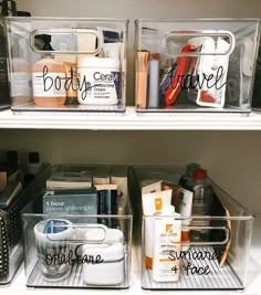 two clear bins filled with personal care items on top of a white shelf next to each other