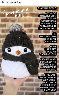 a hand holding up a knitted penguin hat with instructions on how to make it