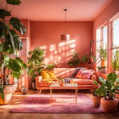 a living room with pink walls and lots of plants on the table in front of it