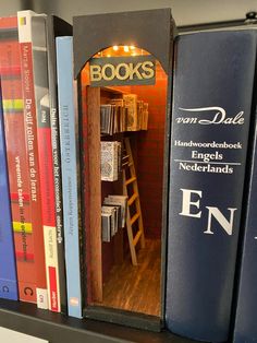 there is a book shelf with books on it and a ladder in the corner between them