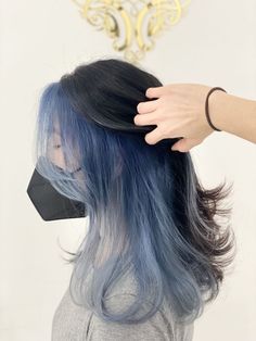 Wolf Hair Color Ideas, Peekaboo With Black Hair, Overtone Blue On Brown Hair, Peekaboo Blue Hair Color, Light Blue Hair Underneath, Black And Blue Hairstyles, Blue Hair Underneath Black, Blue Hidden Hair, Hair Color Under