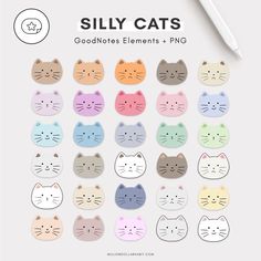 an assortment of cat magnets with the words silly cats on them and various colors