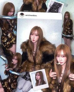 several women in fur coats sitting next to each other and posing for the camera with pictures on them