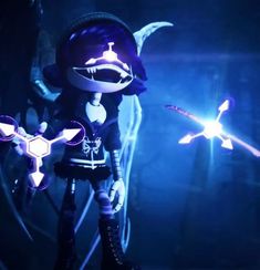 an animated character standing in the dark with two lights on her head and one arm outstretched