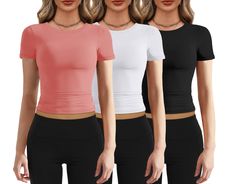 PRICES MAY VARY. Material: Womens tight short sleeve shirts. Made of 95%Polyester,5%Elastane stretch fabric. Soft and elastic, lightweight and Comfortable to wear. Design: Going out tops for women. Sexy shirt, cropped length, slim fit tops, short sleeve, crew neck, solid color, plain undershirt, perfect matching with cargo pants. This tee shirt is the must-have item in your wardrobe. Occassion: Basic t shirts great for women, juniors, teens, girls. Perfect for daily casual wear, streetwear, home Thrift Manifest, Basic Crop Tops, Slim Fit Crop Top, Y2k Crop Top, Color Plain, Short Sleeve Shirt Women, Slim Fit Top, Slim Fit Shorts, Shorts With Tights