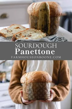 a person holding a loaf of bread in their hands with the words sourdough panettoe on it