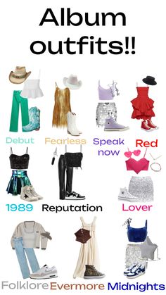 an advertisement with different types of clothing on it and the words, album outfits speak now