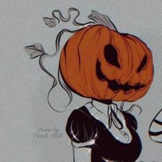 a drawing of a girl with a pumpkin on her head