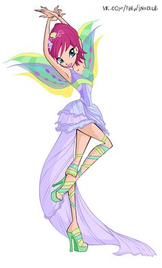 a drawing of a woman in a purple dress and green shoes with her arms up