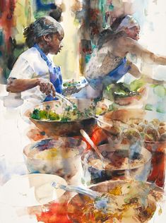 watercolor painting of two women preparing food