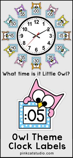 an owl theme clock label with the words owl theme and what time is it little owl?