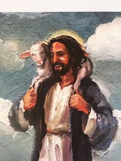 a painting of jesus carrying a lamb in his arms