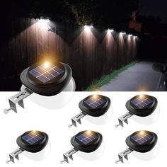 solar powered motion sensor lights on the side of a wooden fence at night with multiple images