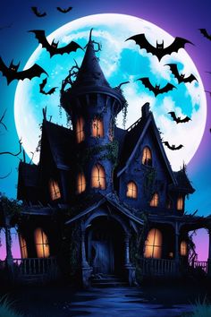 a spooky house with bats flying over it at night