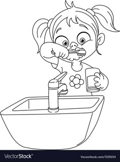 a cartoon girl is washing her hands in the sink with soap and toothpaste