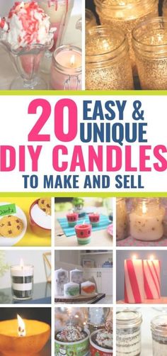 some candles and other items that are in glass jars with the words easy & unique diy candles to make and sell