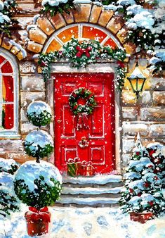 a painting of a red door with wreaths and potted plants in the snow