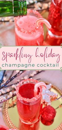 sparkling holiday champagne cocktail with strawberries on the rim