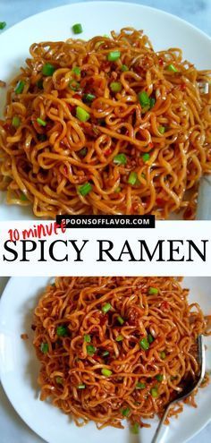 two plates of spaghetti with the words spicy ramen on top and an image of noodles in