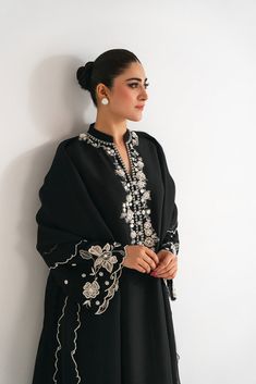 Neerja Embroidery Work Suit, Elegant Black Lawn Suit With Dabka Work, Black Lawn Suit With Sheer Dupatta For Wedding, Elegant Black Georgette Lawn Suit, Black Raw Silk Salwar Kameez For Wedding, Elegant Black Raw Silk Kurta, Elegant Black Palazzo Set For Festive Occasions, Black Georgette Unstitched Suit With Dabka, Black Chanderi Unstitched Suit For Wedding