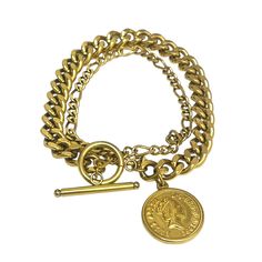 Gold 1/4" thick curb chain bracelet with additional narrower curb chain attached and Roman coin charm. 7" with toggle closure. Cheap Metal Curb Chain Bracelet, Luxury Metal Bracelet With Curb Chain, Dressy Earrings, Curb Chain Bracelet, Roman Coins, Bag Icon, Slipper Socks, Guitar Strap, Travel Wallets