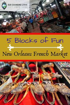 the new orleans french market with text overlay reading 5 blocks of fun new orleans french market