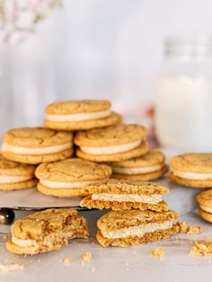 there are many cookies that have been cut in half and stacked on top of each other