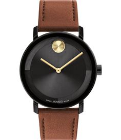 From Movado&#x2C; this watch features:Round case shape40mm ionic plated black stainless steel caseBlack dialQuartz analog movementCognac leather strapStandard buckle closureSwiss madeImported. Movado Womens Watch, Black Museum, Movado Bold, Brown Leather Strap Watch, Movado Watch, Brown Watches, Leather Strap Watch, Brown Leather Strap, Leather Watch Bands