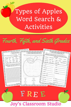 Free Types of Apples Word Search and Activities when you join my email list. This product includes an apple quick write, 2 word searches, 2 word scrambles, and 1 page of crack-the code apple sayings. Answer key is included. Great for fourth, fifth, and sixth grade students.