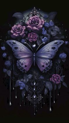 a purple butterfly with roses on it's wings and water drops falling from its wings