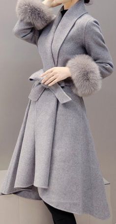 Faux Fur Cuffs Belted Asymmetric Hem Grey Coat Grey Faux Fur Coat, Fake Fur Coat, Army Green Coat, Long Grey Coat, Fur Cuffs, Gray Coat, Long Faux Fur Coat, Chique Outfits, Wool Overcoat