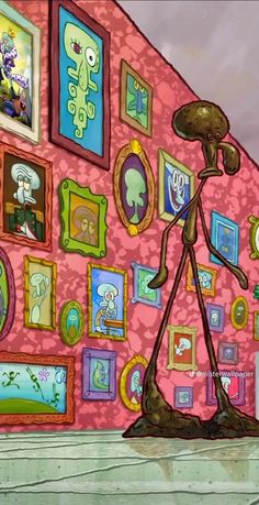 an alien standing in front of a pink wall with pictures on it and framed artwork