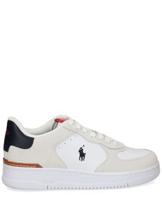 white/multicolour leather suede panelling colour-block panelled design front lace-up fastening contrasting branded heel counter perforated detailing signature Polo Pony motif perforated toebox round toe EVA midsole branded insole ridged rubber sole Ralph Lauren Sneakers, Polo Pony, Balenciaga Track, Office Bag, Balenciaga Triple S, Derby Shoes, Athletic Sneakers, Colour Block, Espadrille Shoes